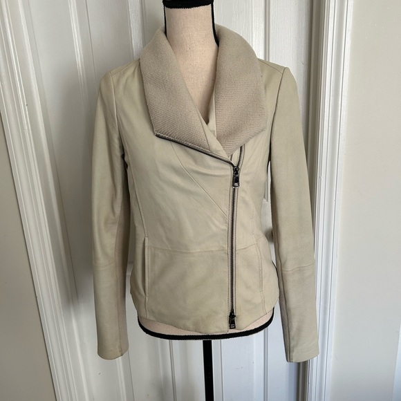 Vince 100% Goat Leather Ribbed Collar Asymmetrical Moto Biker Jacket - Picture 3 of 16